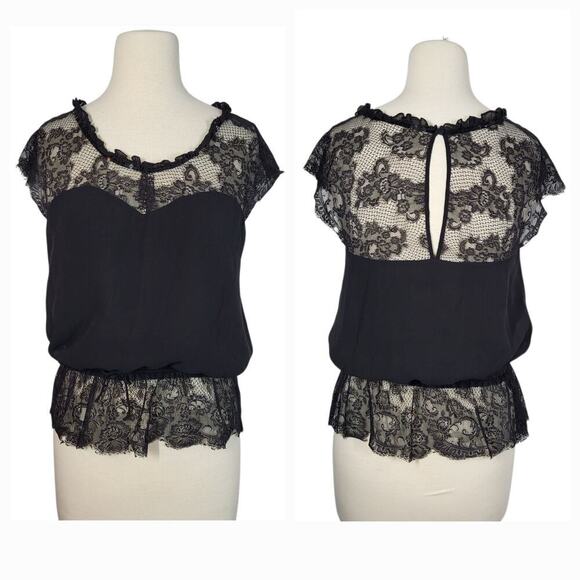 VTG Y2K Express Babydoll Sweetheart Lace Mesh Peplum Silk Top M Black Festival - Picture 1 of 15